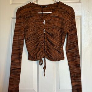 Zara Brown Ruched Long Sleeve Blouse